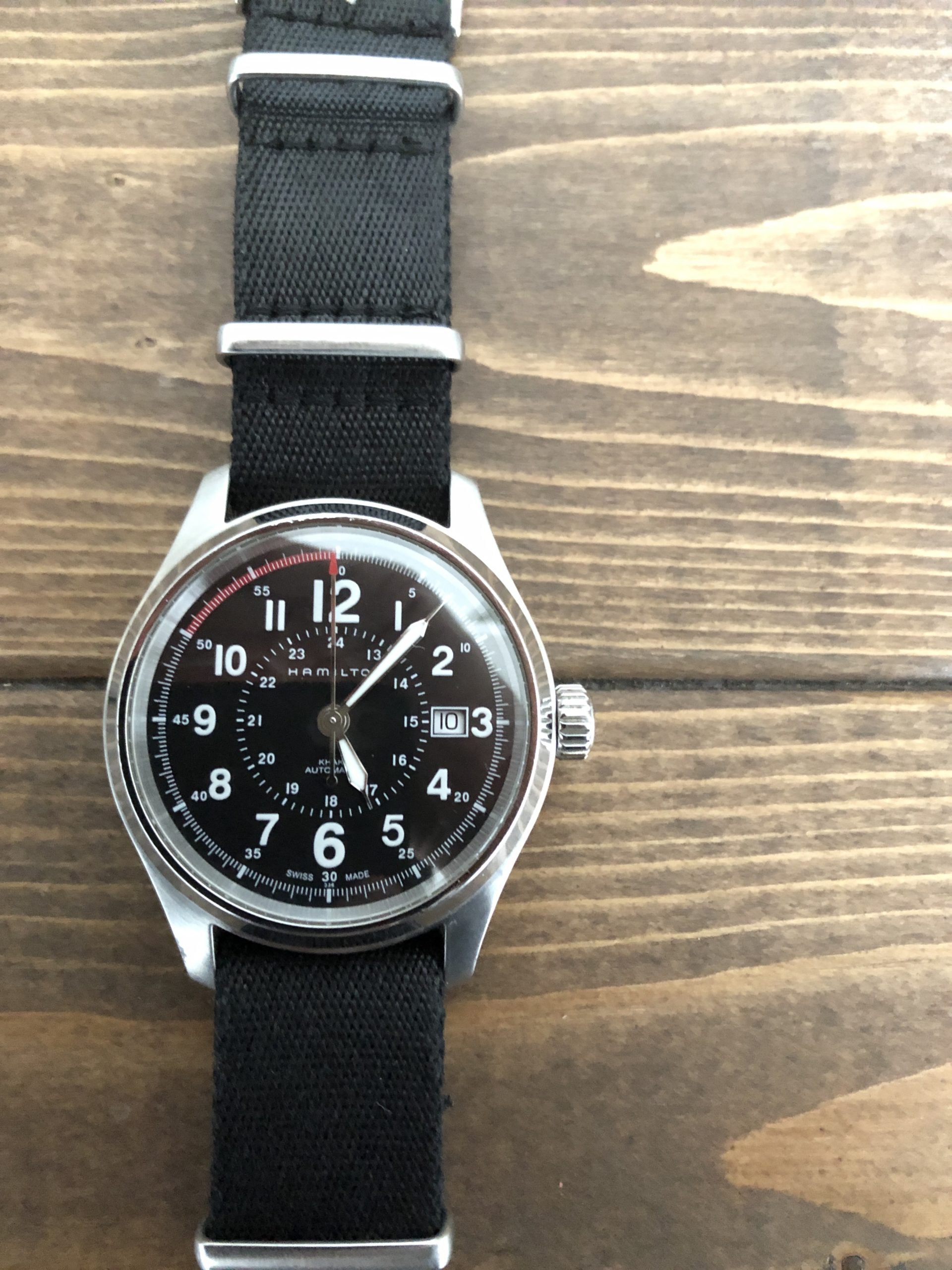 安いお買い得】 Hamilton - ハミルトン カーキ 黒 革ベルト 腕時計